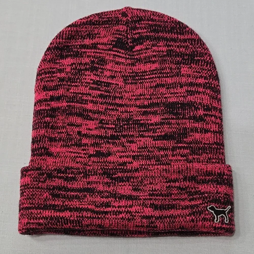 PINK Victoria's Secret Y2K Beanie Hat‎ Heathered Pink Black Winter Hat Grundge
